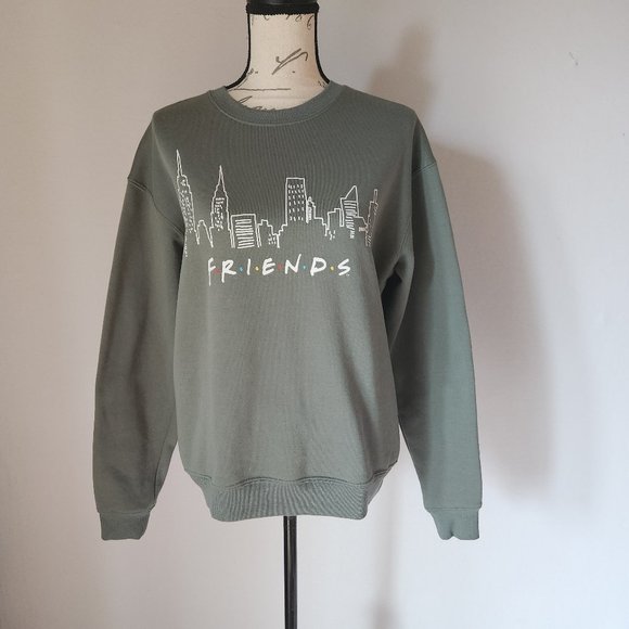 FRIENDS Tops - Friends Graphic Crew Neck Sweatshirt Fleece Lined Long Sleeve Green